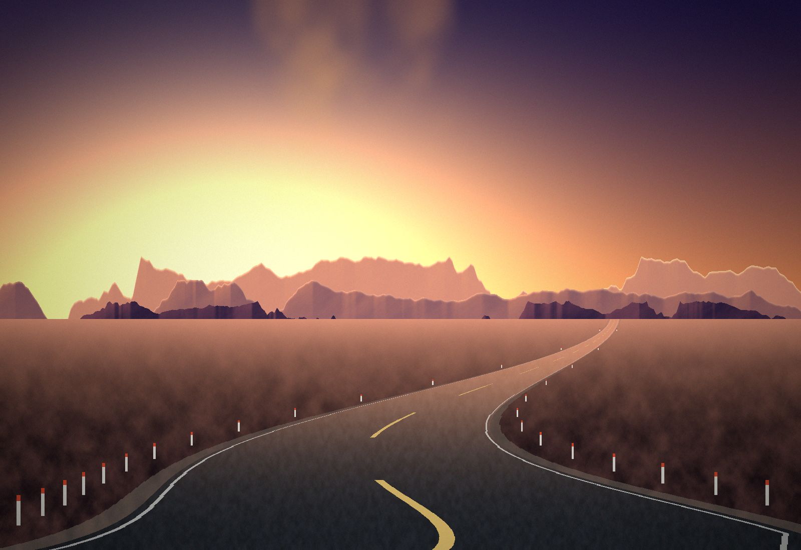 Ilustración de una ruta al atardecer entre montañas