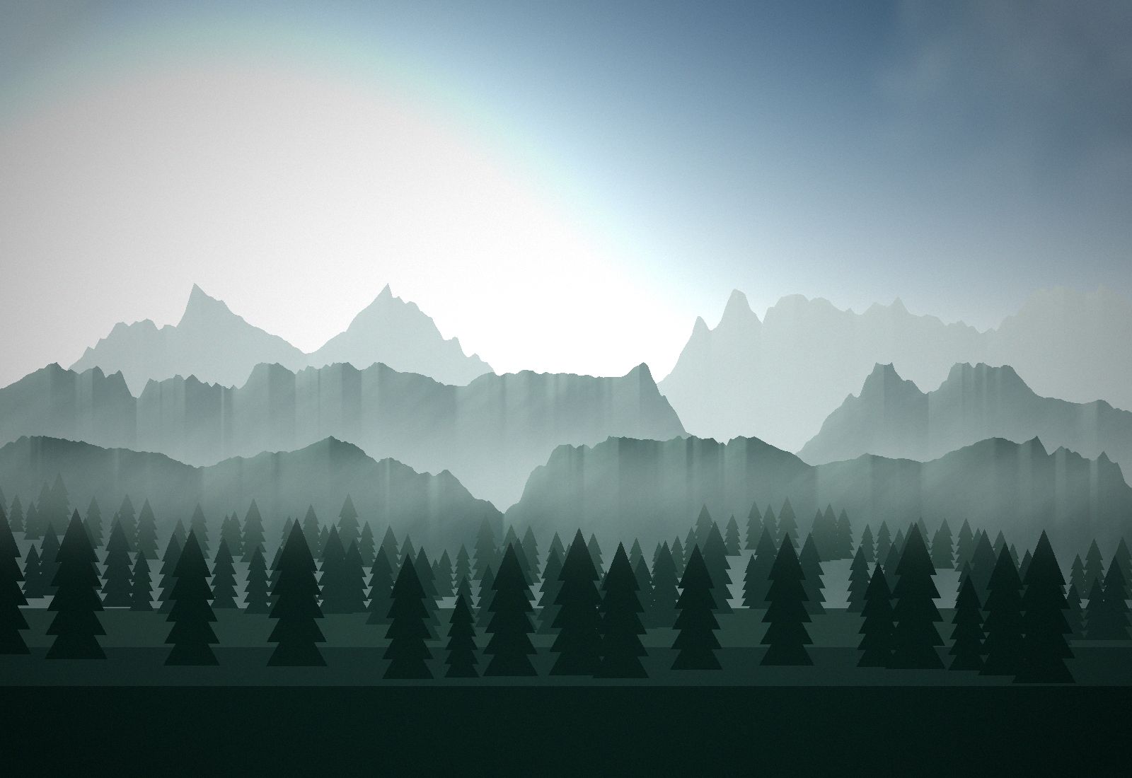 Ilustración de un bosque de pinos entre niebla
