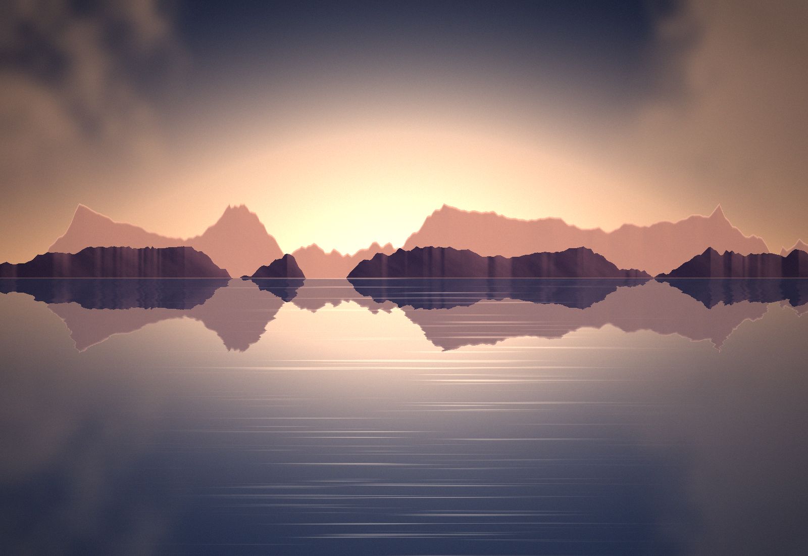 Ilustración de un lago al atardecer con montañas