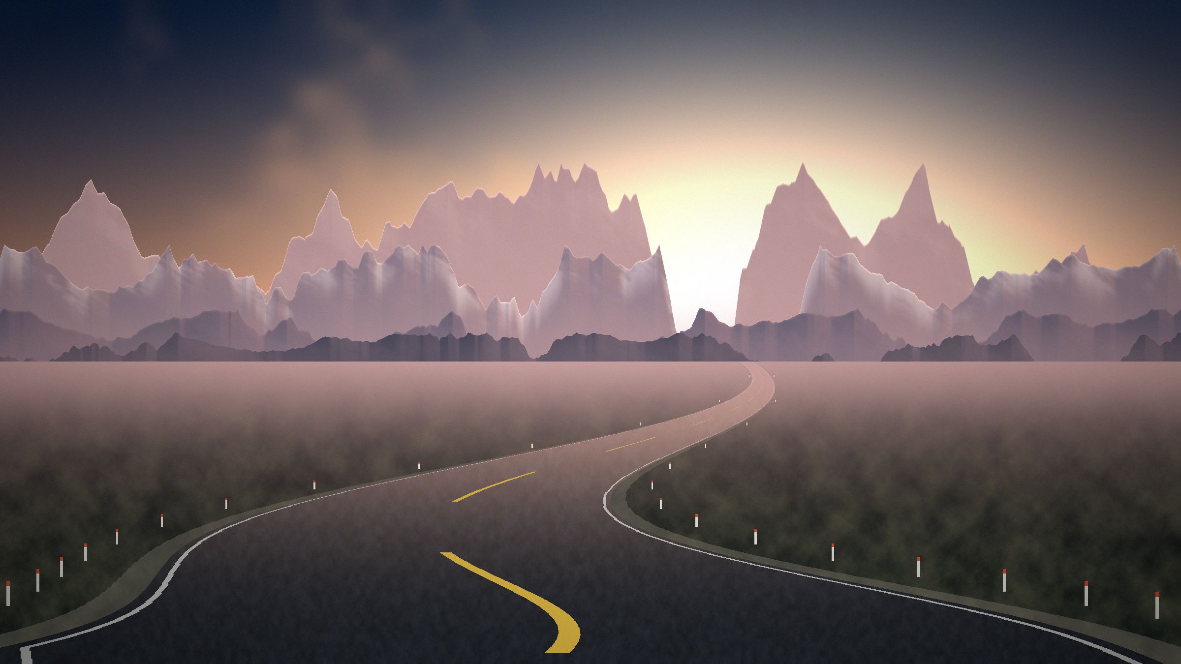 Ilustración de una ruta de montaña al amanecer, con cordillera nevada al fondo