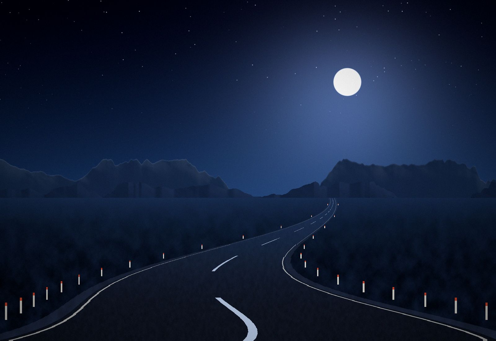 Ilustración de una ruta de noche bajo la luna